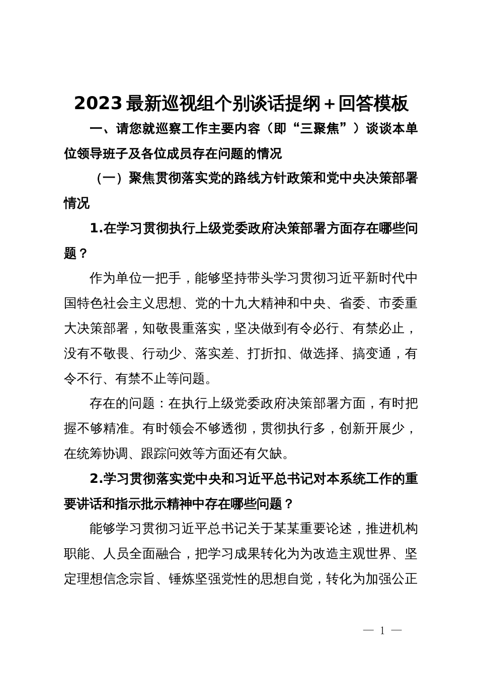 2023最新巡视组个别谈话提纲＋回答模板_第1页