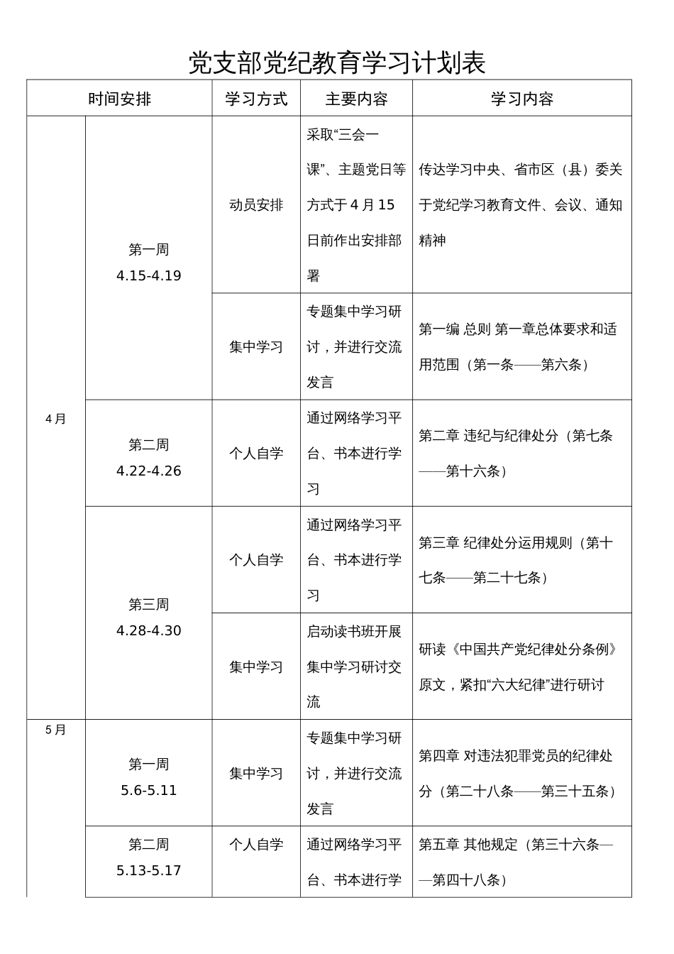 党纪教育学习计划表工作计划表任务清单表共六篇_第2页