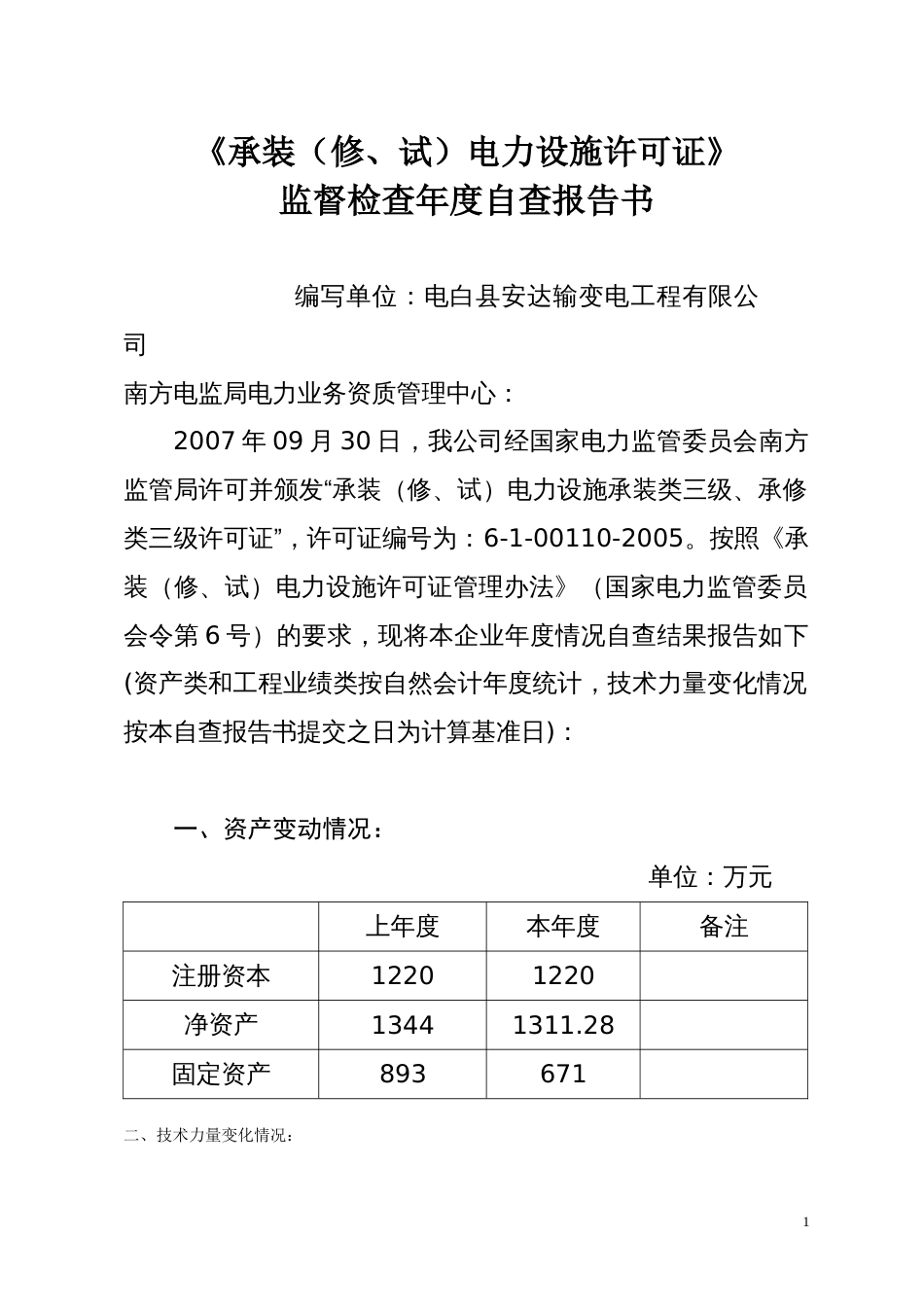 《承装修、试电力设施许可证》监督检查年度自查报告书2010.9.27_第1页