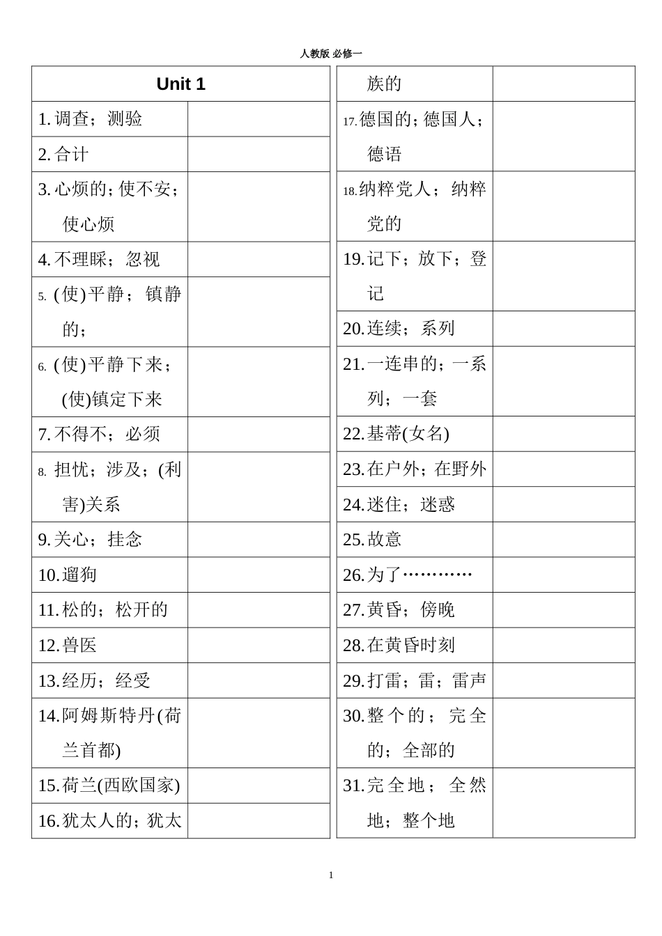 人教版高中英语必修1单词听写版[共6页]_第1页