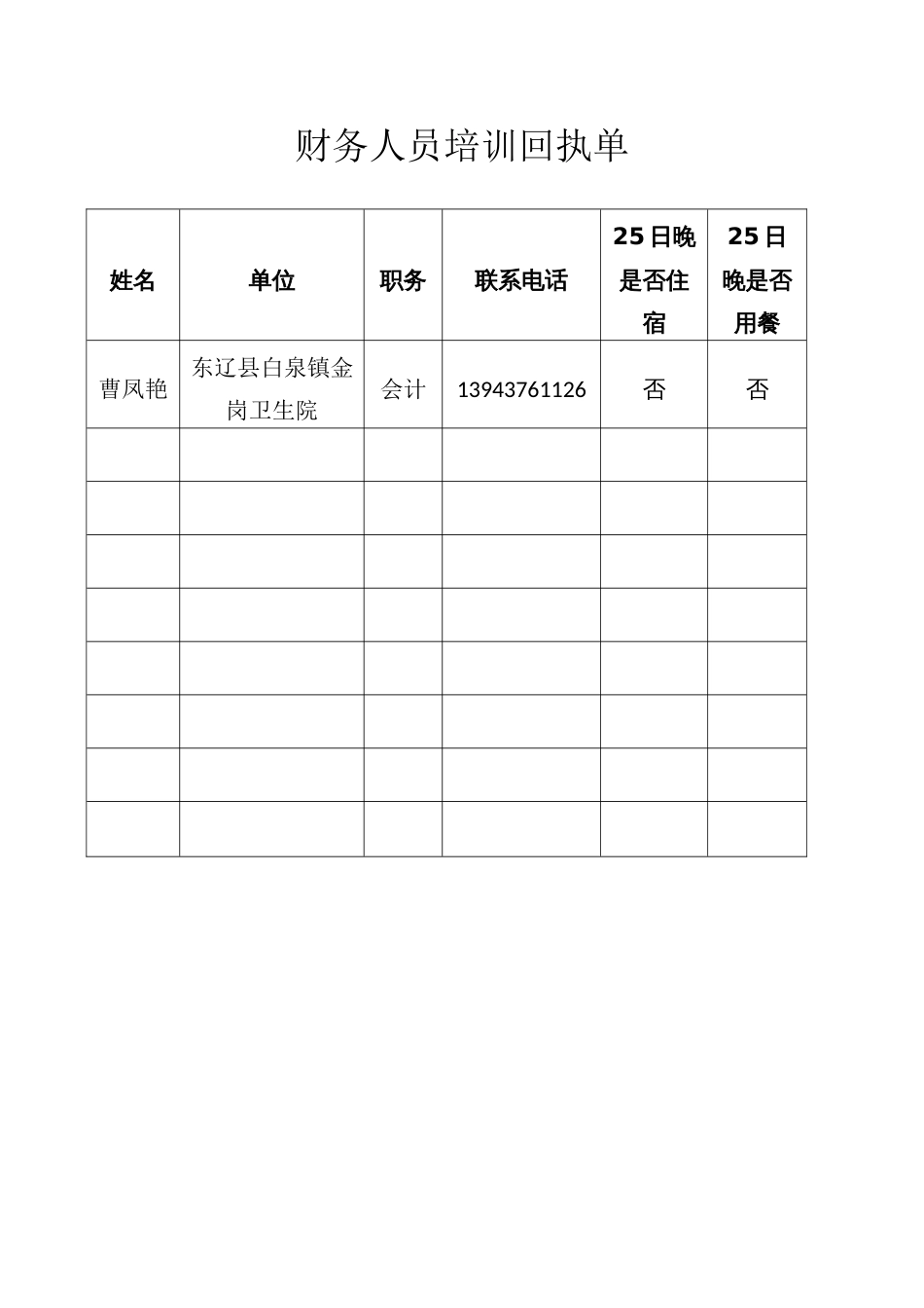 白泉镇金岗卫生院财务人员培训回执单_第1页