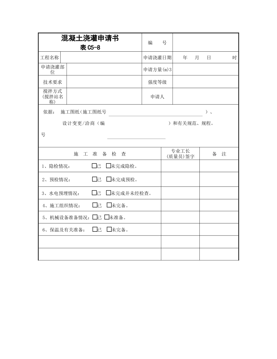 混凝土浇灌申请书_第1页