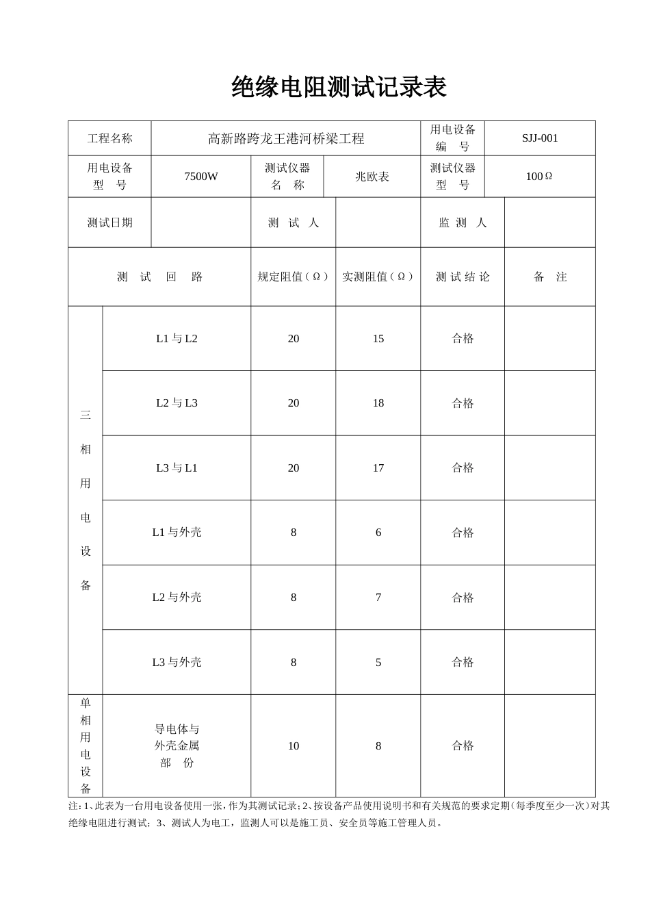 绝缘电阻测试记录表_第1页