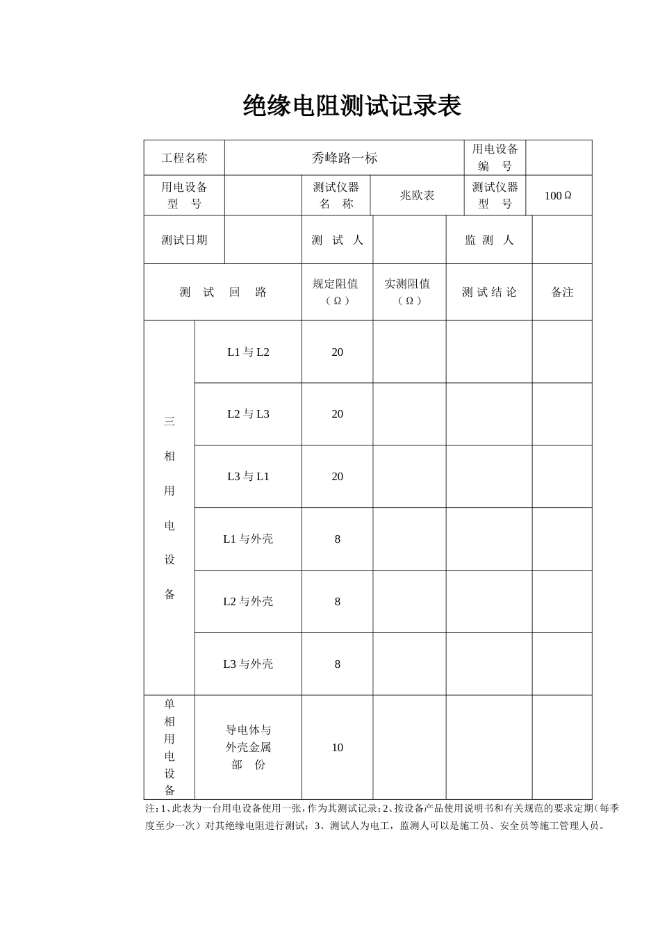 绝缘电阻测试记录表机械_第1页