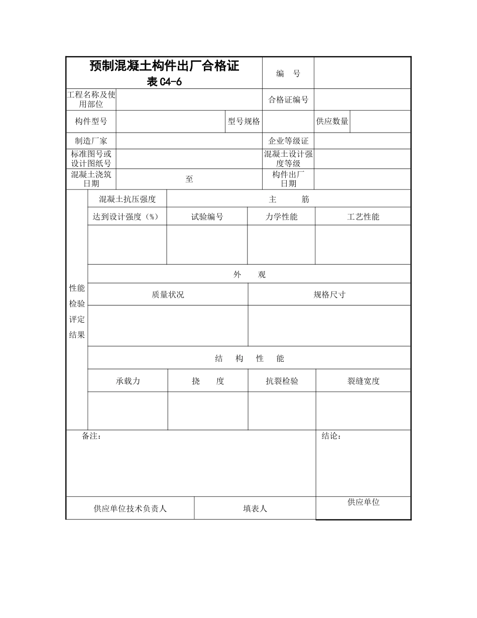 预制混凝土构件出厂合格证_第1页