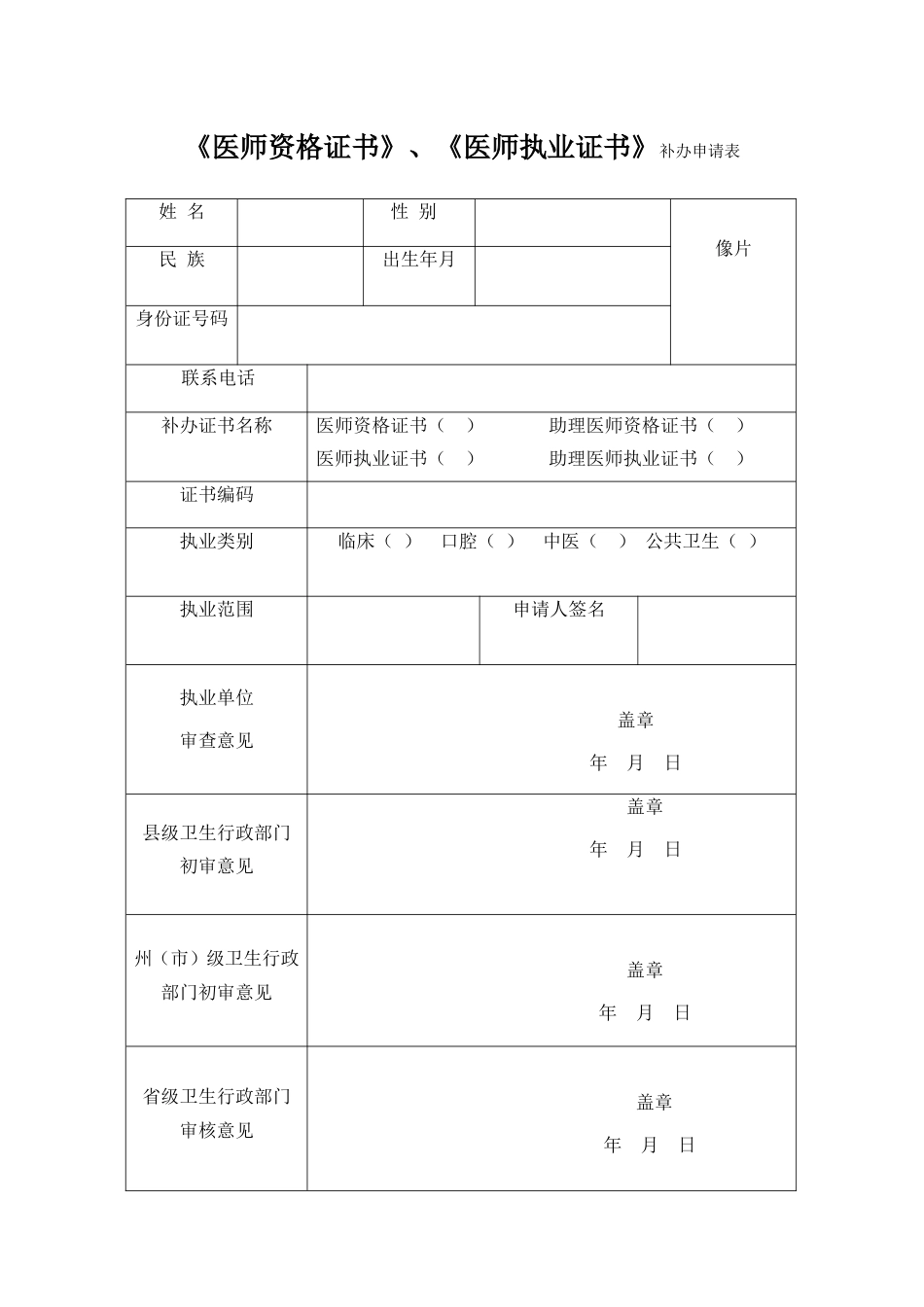 《医师资格证书》、《医师执业证书》补办申请表_第1页