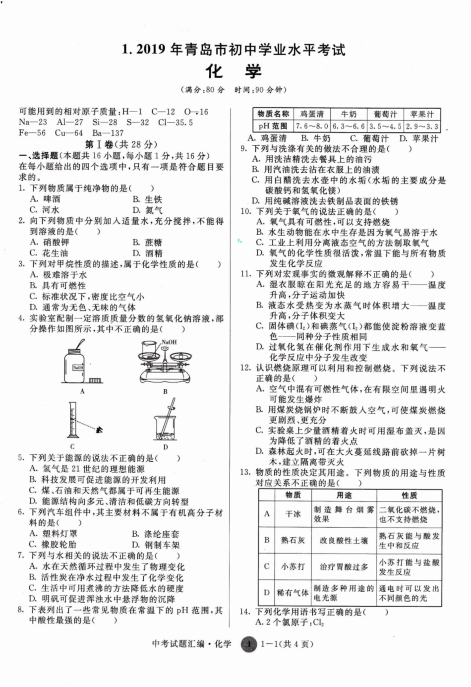 ⒛青岛市初中化学学业水平考试题_第1页