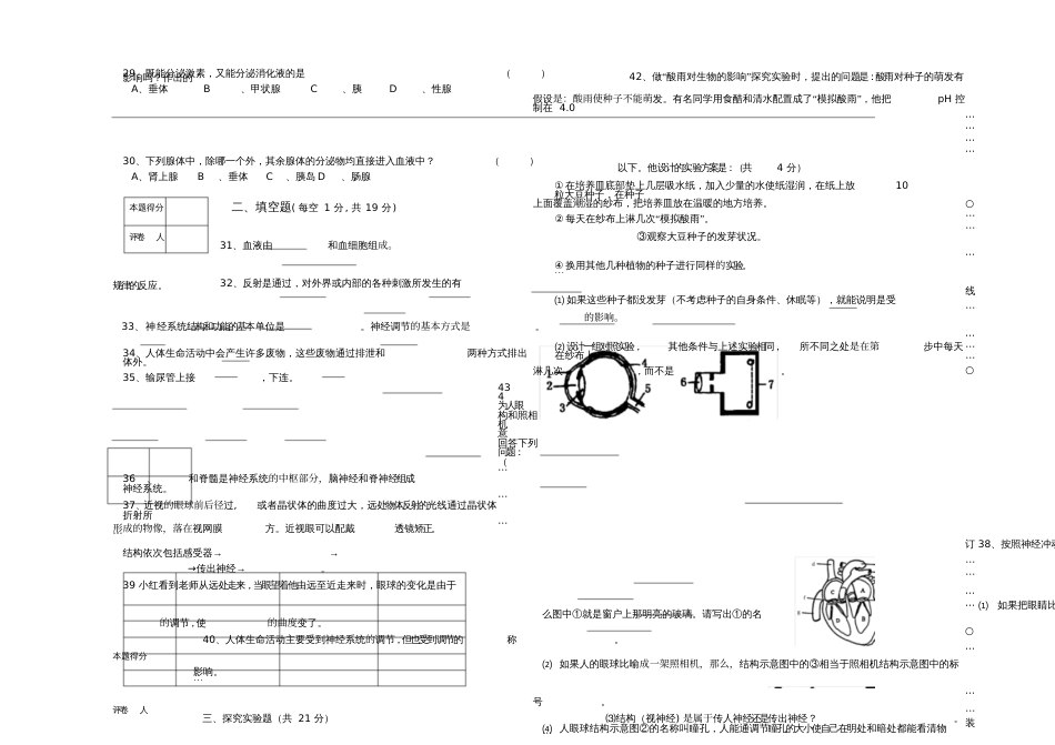 人教版七年级下册生物期末模拟试卷及答案_第3页