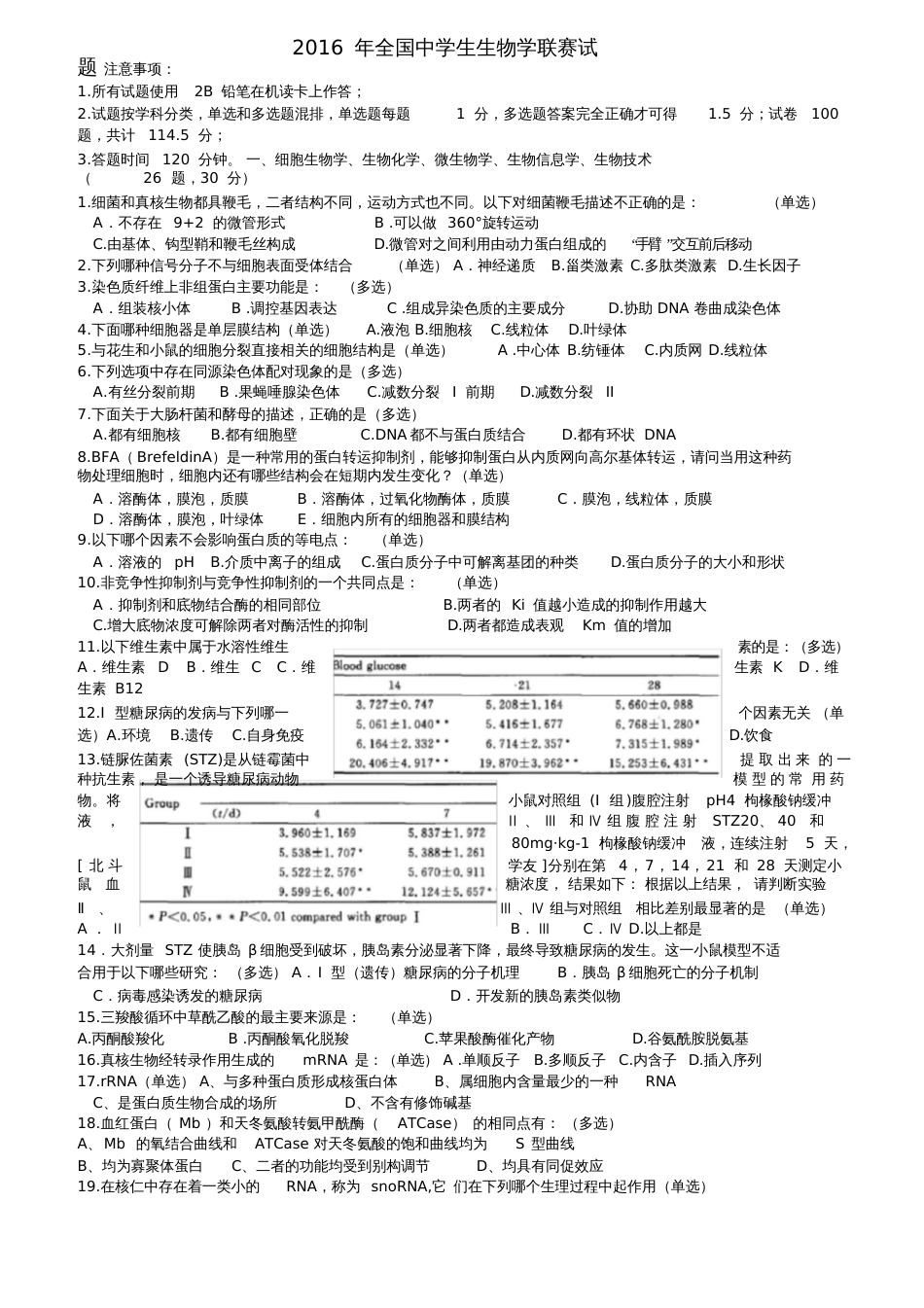 2016年全国中学生生物学联赛试题及解析[共19页]_第1页