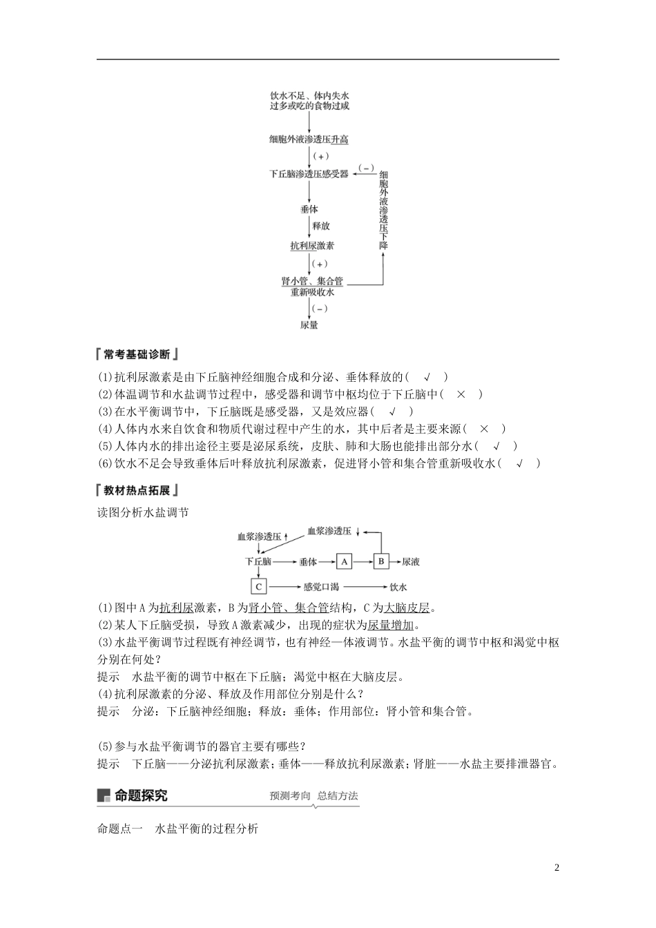 高考生物一轮复习第八单元生物个体的稳态第讲水无机盐和血糖的调节备考一体学案苏教_第2页