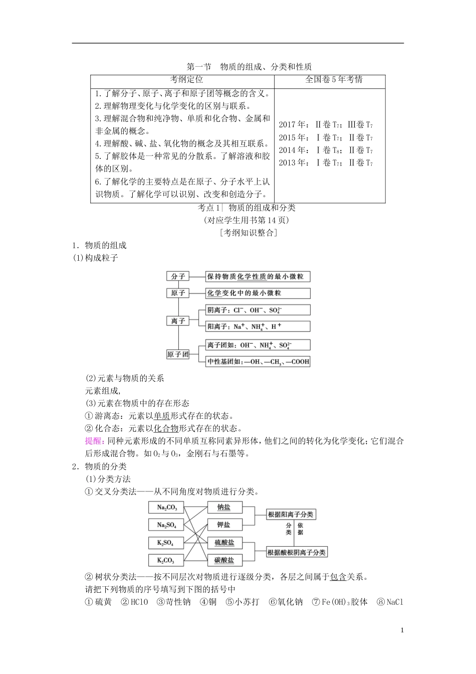 高考化学一轮复习第章化学物质及其变化第节物质的组成分类和性质学案_第1页