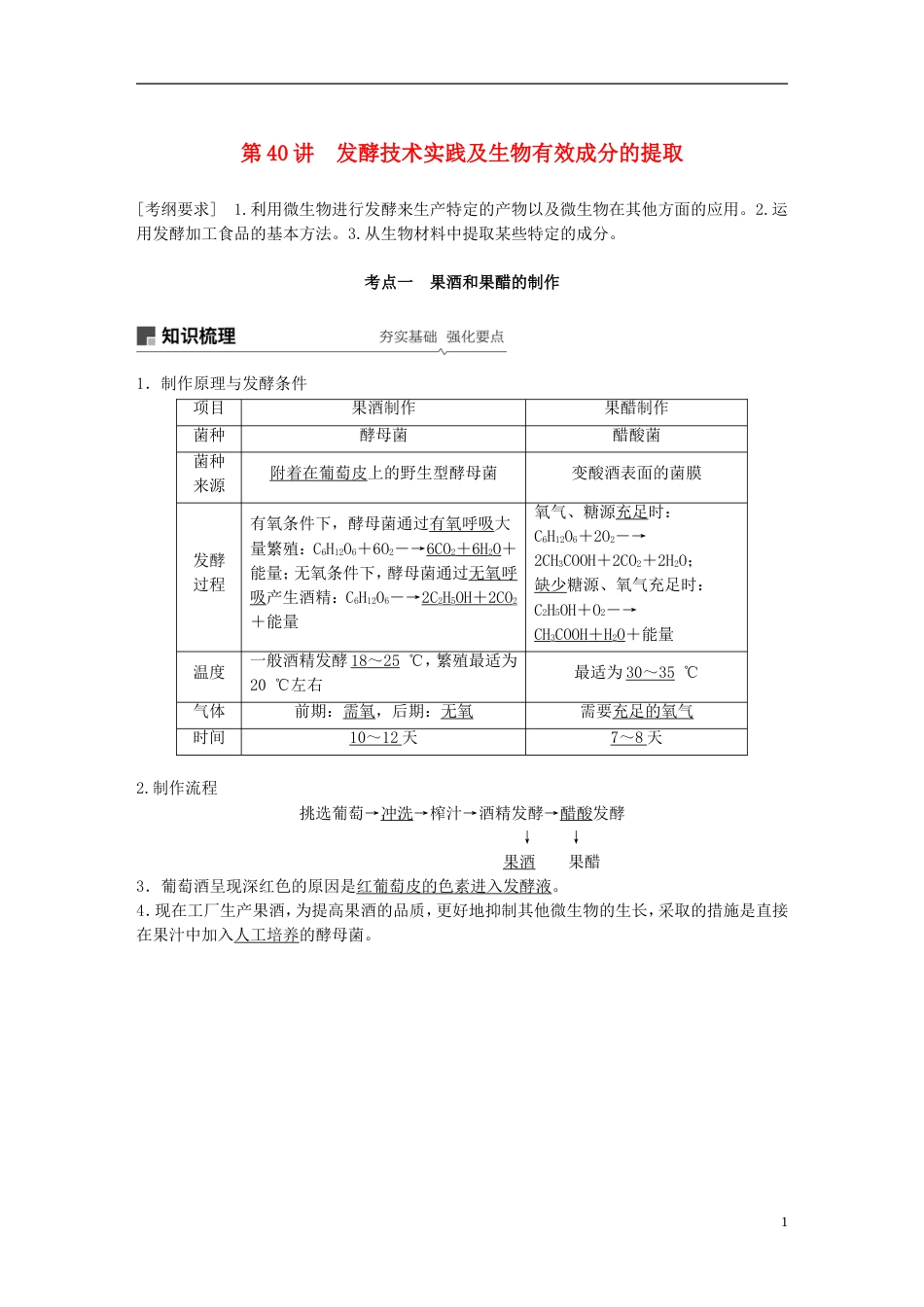 高考生物一轮复习第十一单元生物技术实践第讲发酵技术实践及生物有效成分的提取备考一体学案苏教_第1页