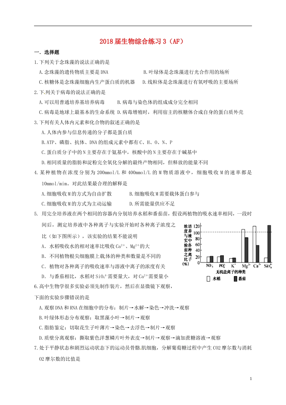 高考生物总复习综合练习选择题_第1页