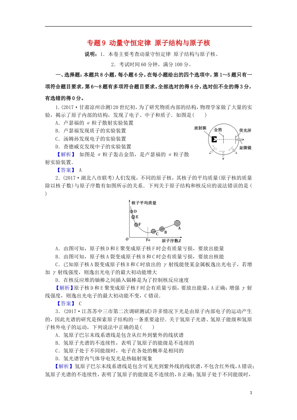 高考物理二轮复习专题动量守恒定律原子结构与原子核专题卷_第1页