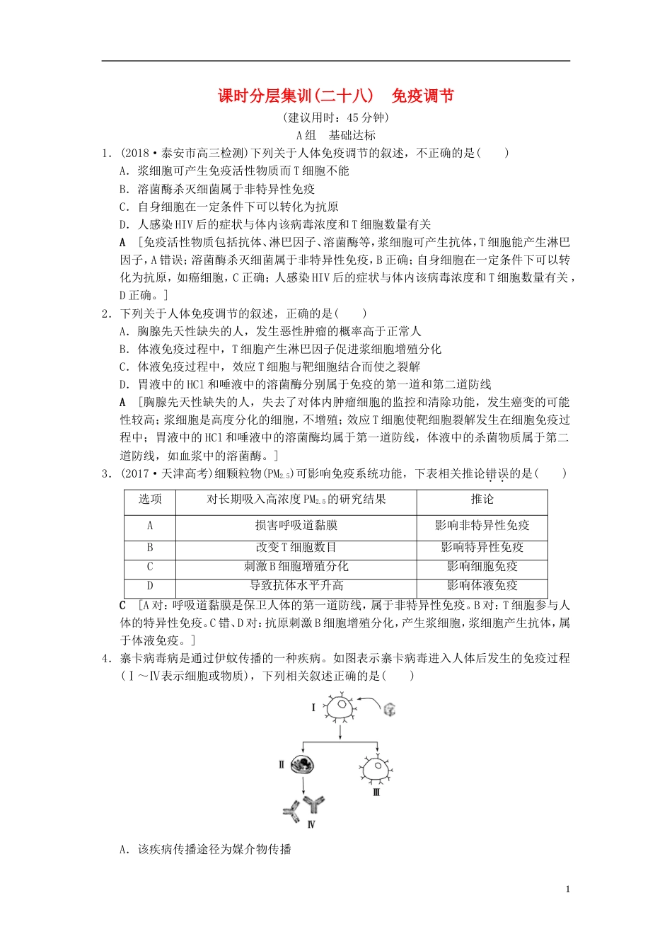 高考生物一轮复习第单元生命活动的调节课时分层集训免疫调节_第1页