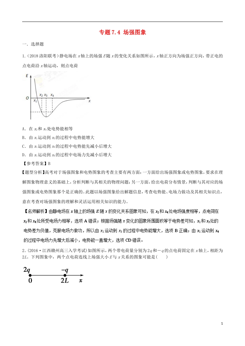 高考物理二轮复习考点千题精练第七章静电场专题场强图象_第1页