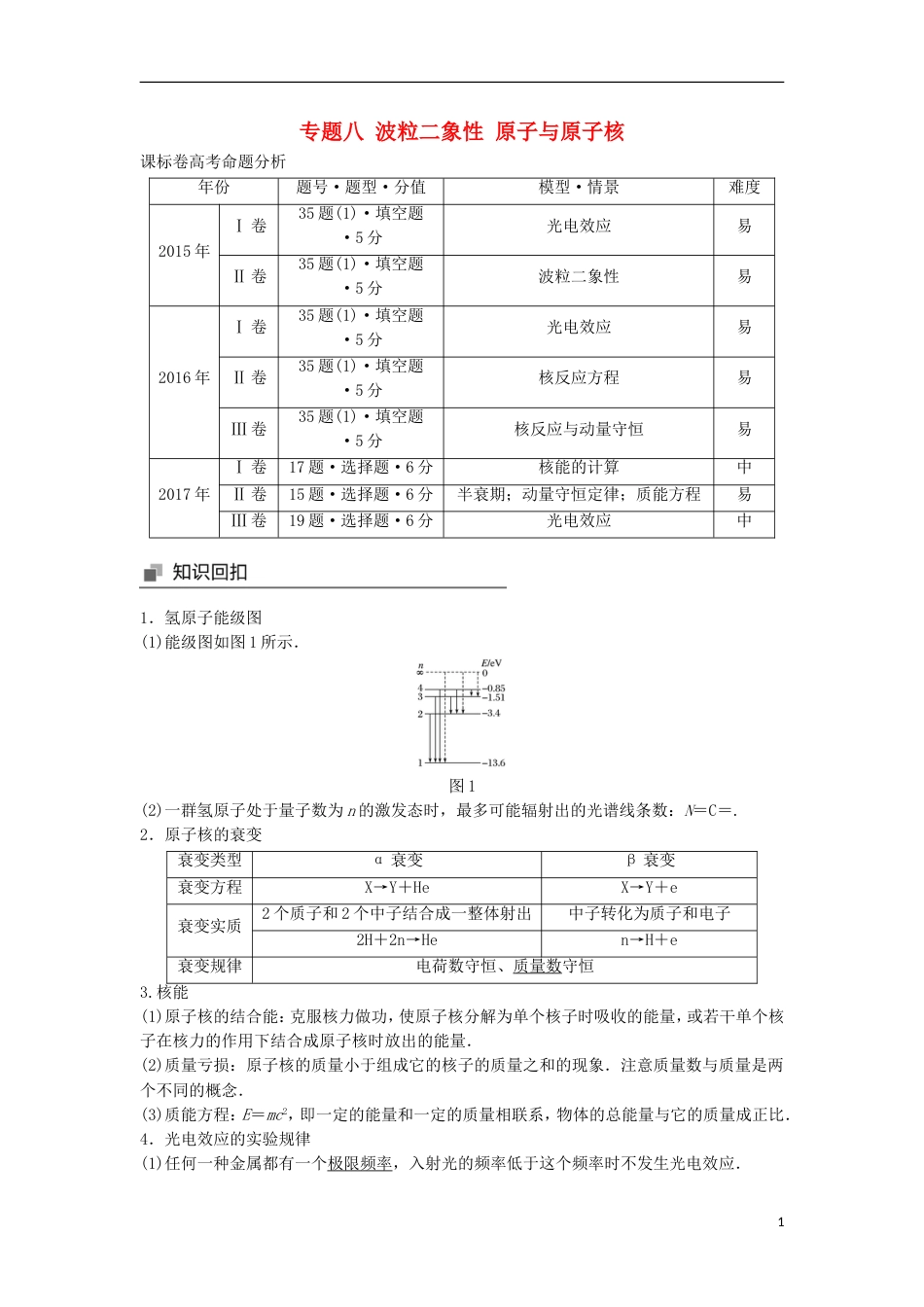 高考物理大二轮复习专题八波粒二象性原子与原子核讲学案_第1页