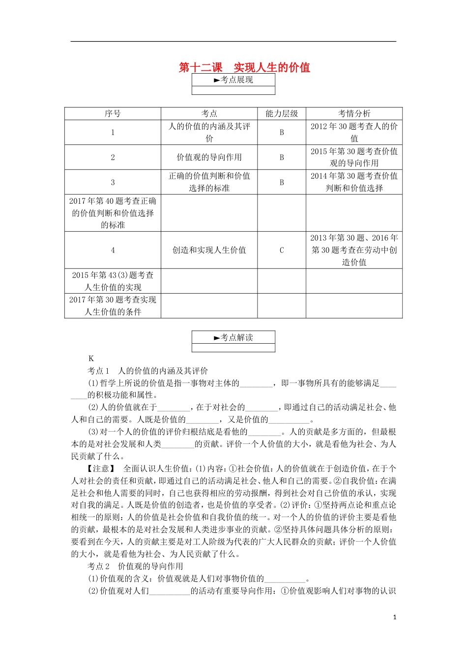 高考政治学业水平测试复习第四单元认识社会与价值选择第十二课实现人生的价值考点梳理新人教必修_第1页