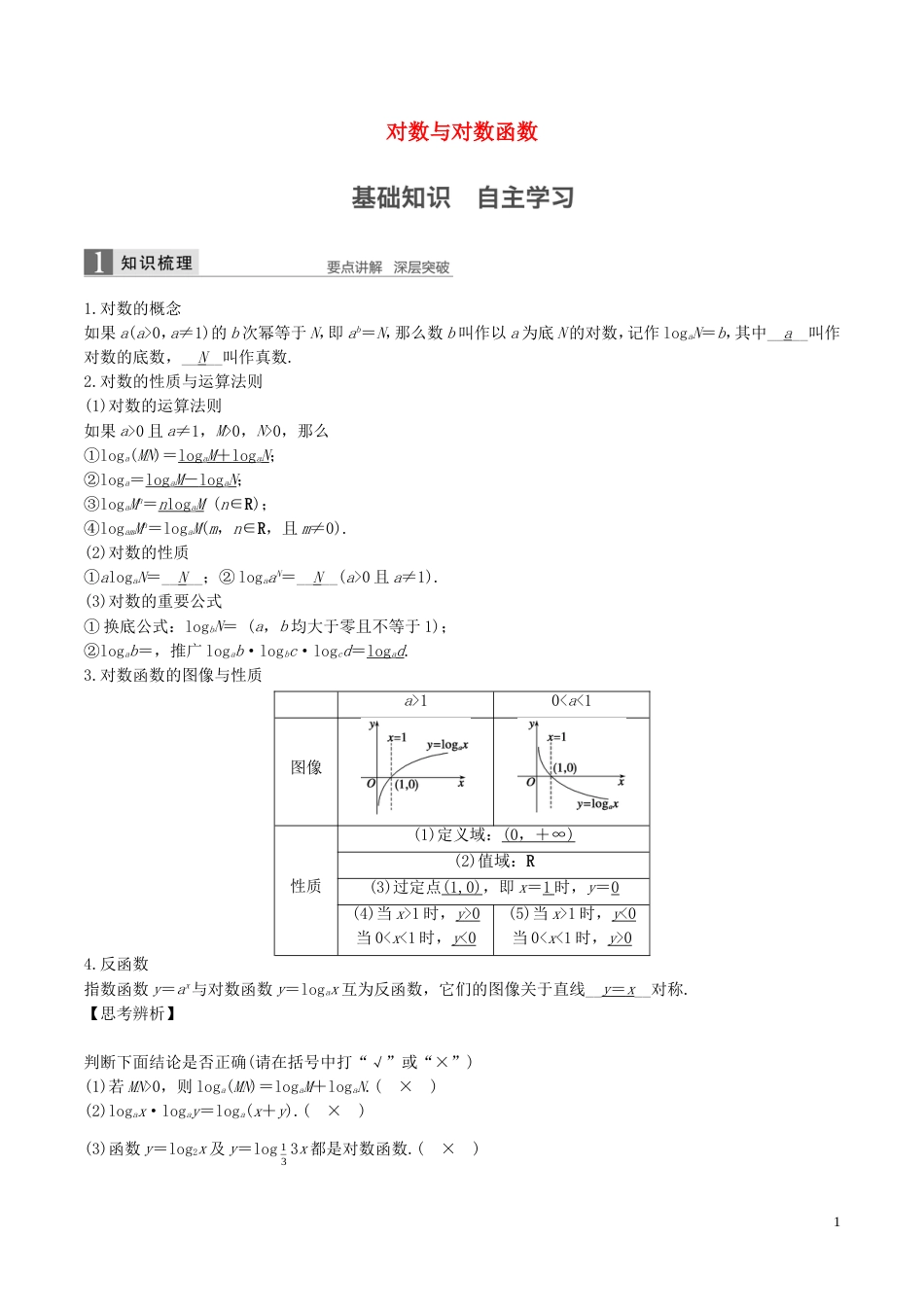 高考数学一轮复习第二章函数概念与基本初等函数第6课时对数与对数函数教案_第1页
