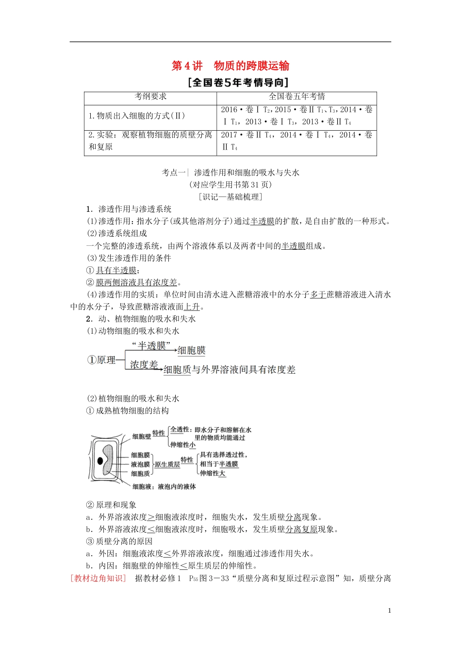 高考生物一轮复习第单元细胞的结构和功能第讲物质的跨膜运输学案苏教_第1页