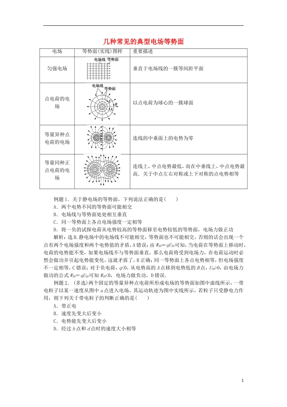 高考物理电场精讲精练几种常见的典型电场等势面_第1页