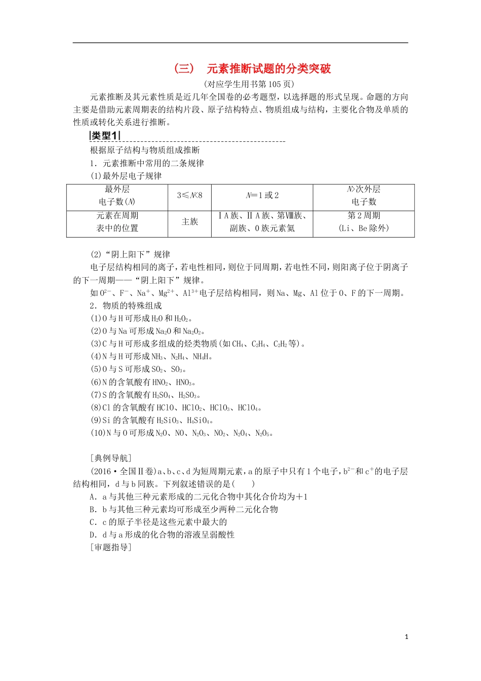 高考化学一轮复习第章物质结构元素周期律高考专题讲座三元素推断试题的分类突破学案鲁科_第1页