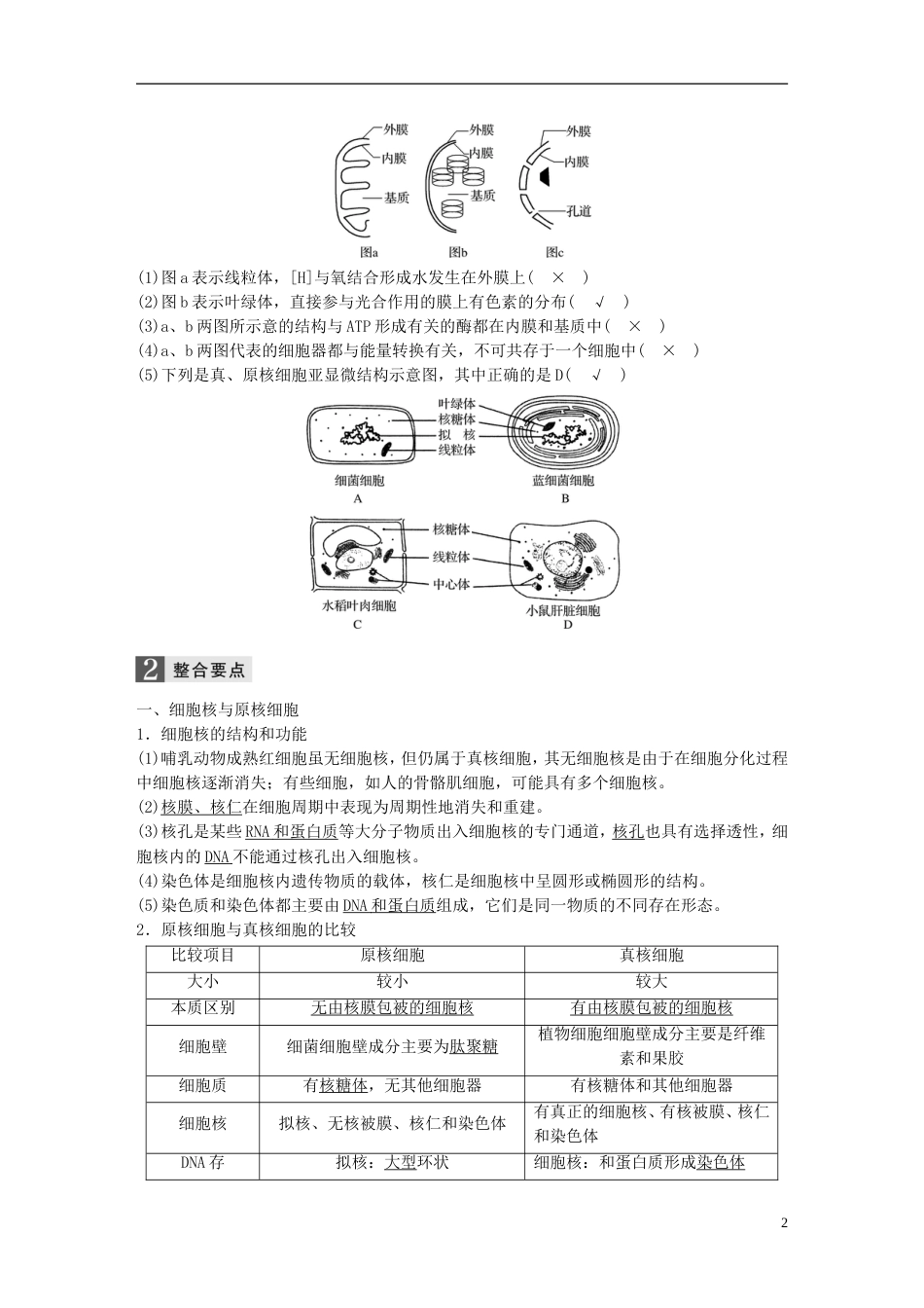 高考生物二轮专题复习专题一细胞的分子组成和基本结构考点细胞的基本结构讲练新人教_第2页