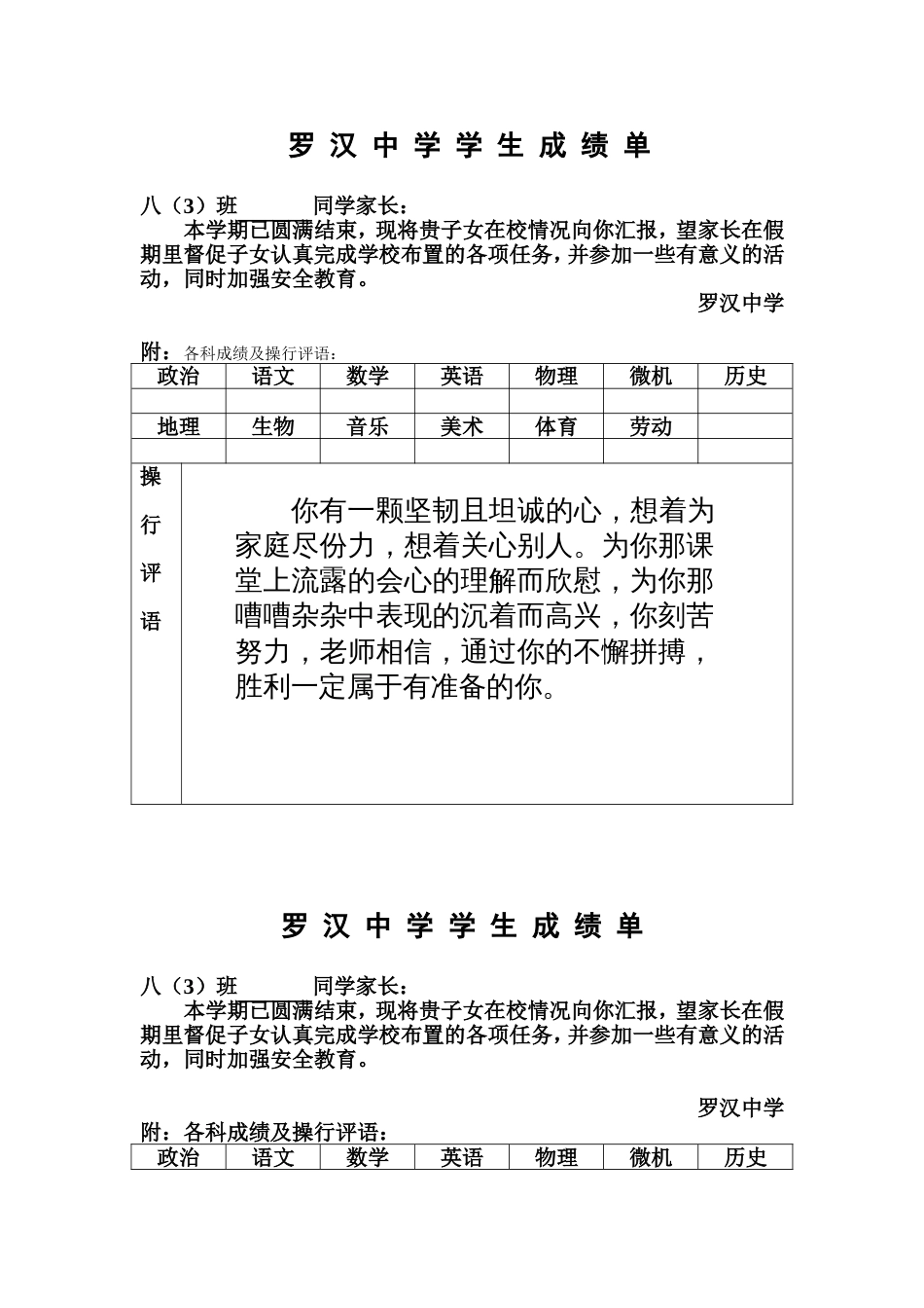 初中学生成绩报告单模板[共48页]_第1页