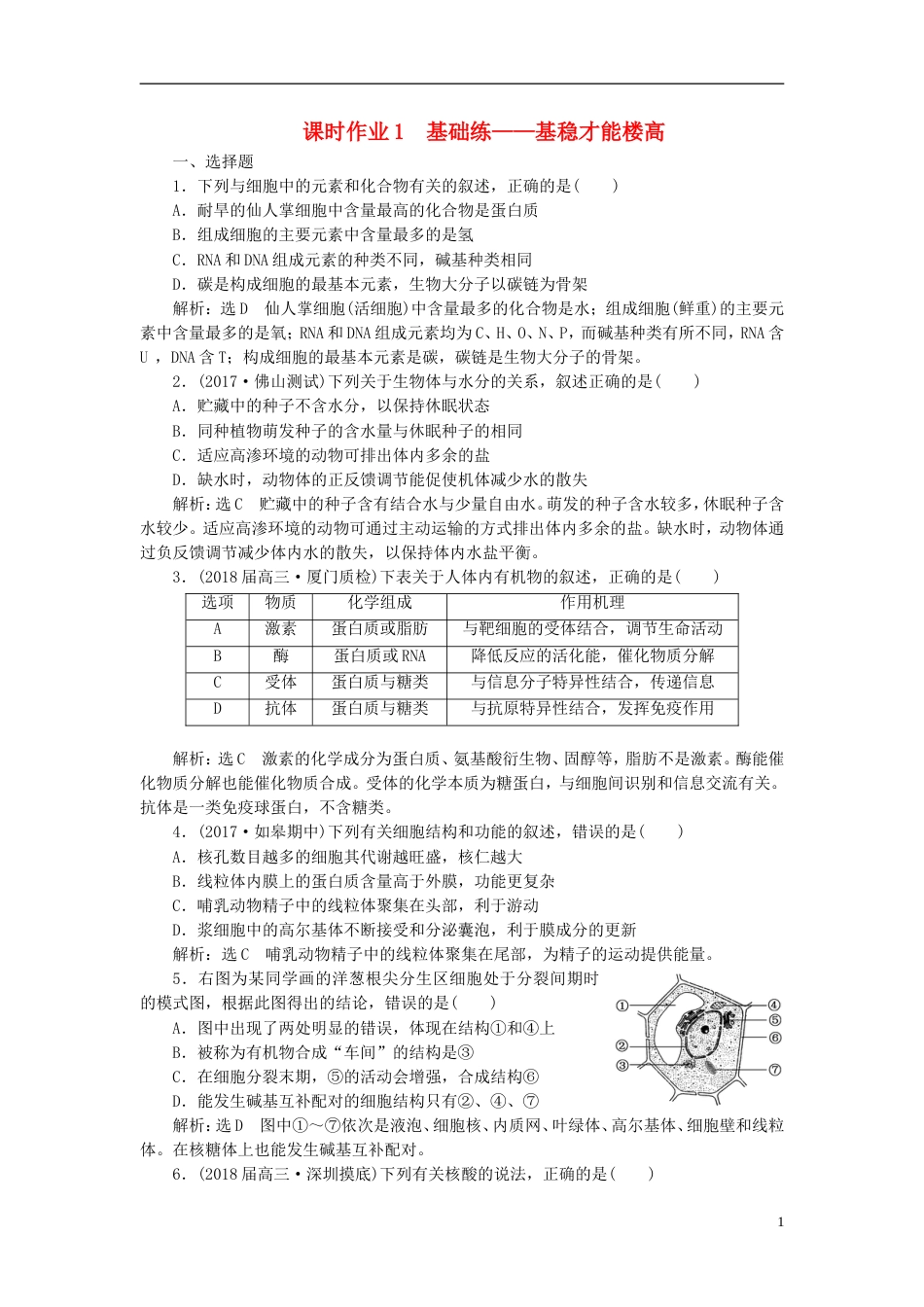 高考生物二轮复习专题一细胞串讲一细胞的物质基础结构与功能物质运输课时作业基础练_第1页