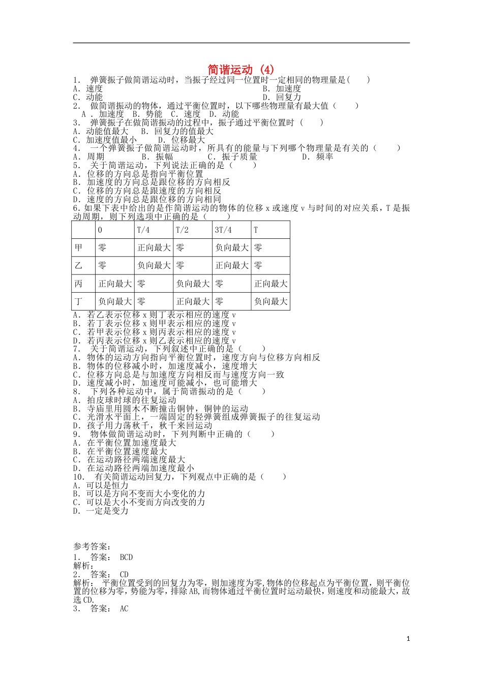 高考物理总复习机械振动简谐运动练习4_第1页