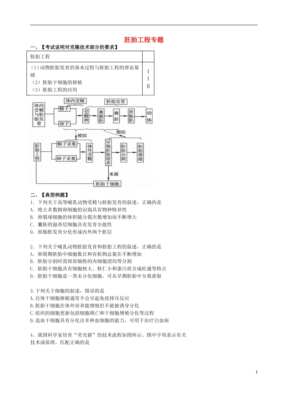 高考生物总复习现代生物科技专题胚胎工程专题学案_第1页