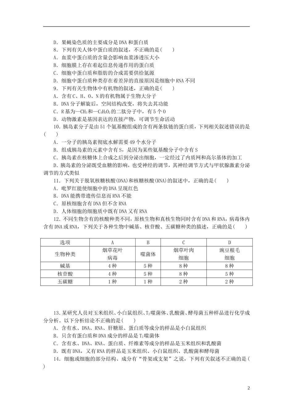 高考生物二轮复习专题复习细胞的分子组成限时训练_第2页