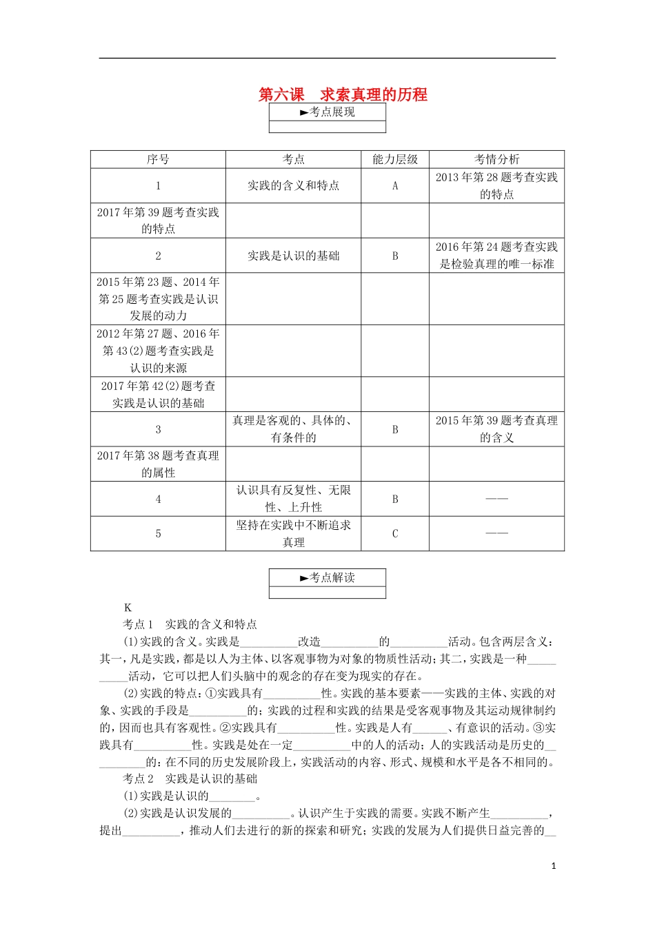 高考政治学业水平测试复习第二单元探索世界与追求真理第六课求索真理的历程考点梳理新人教必修_第1页