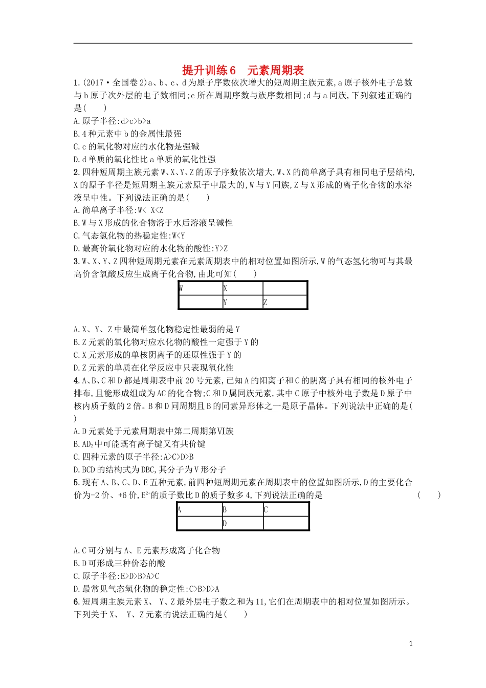 高考化学二轮专题复习提升训练元素周期表_第1页