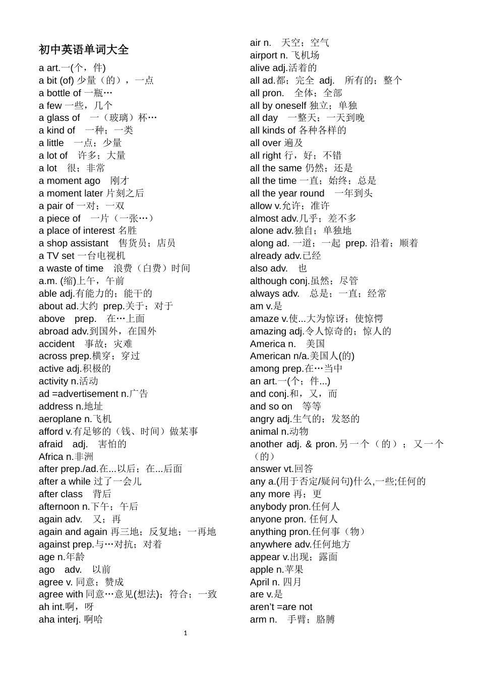 初中英语单词大全[共23页]_第1页