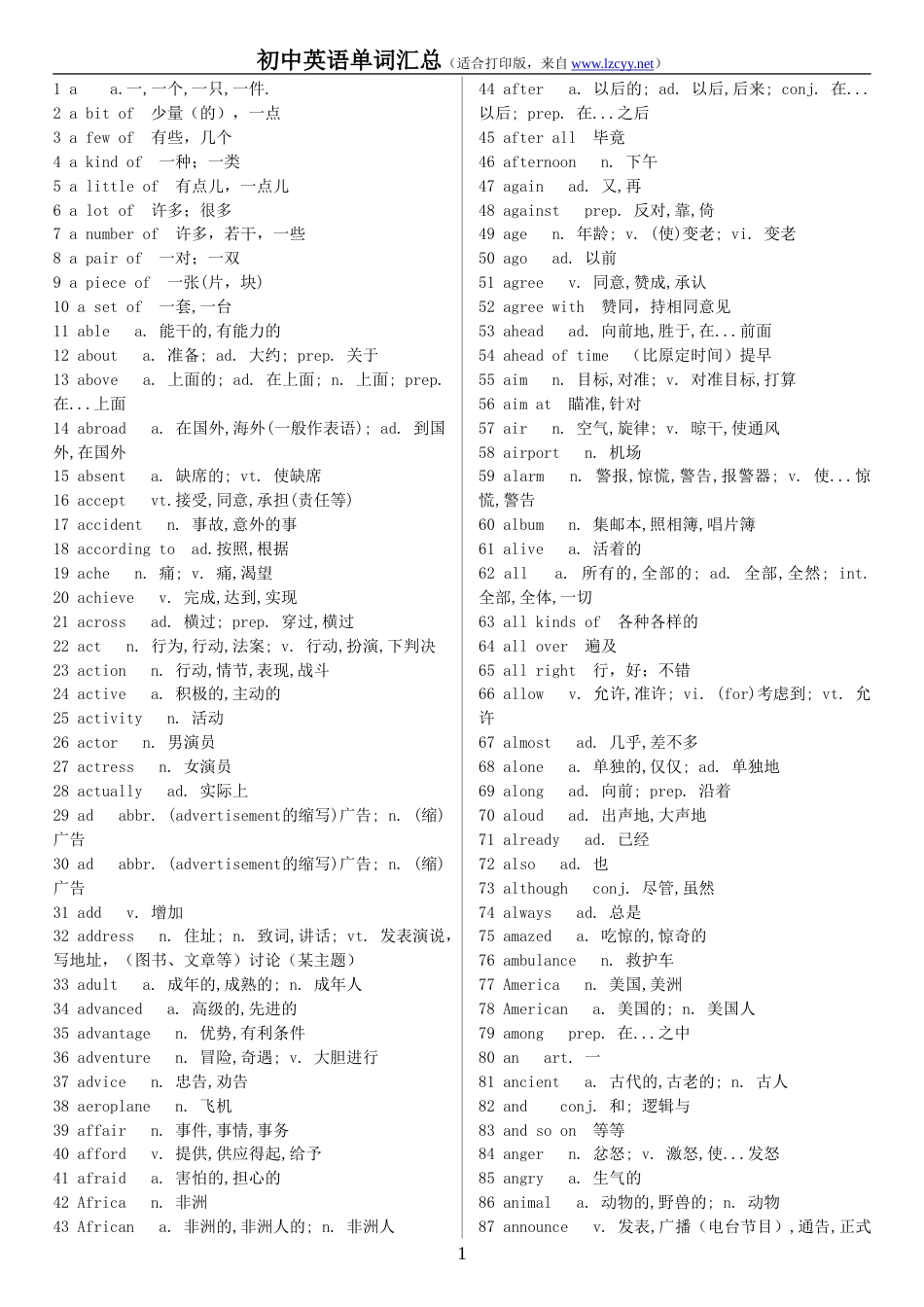 初中英语单词汇总适合打印版[共24页]_第1页