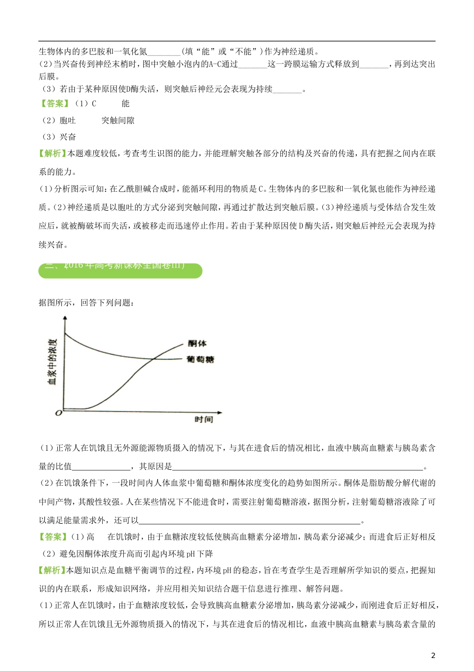 高考生物二轮复习三道题经典专练人和动物的生命活动调节_第2页