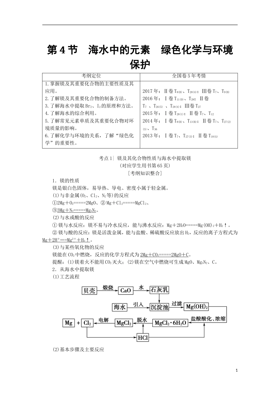 高考化学一轮复习第章自然界中的元素第节海水中的元素绿色化学与环境保护学案鲁科_第1页