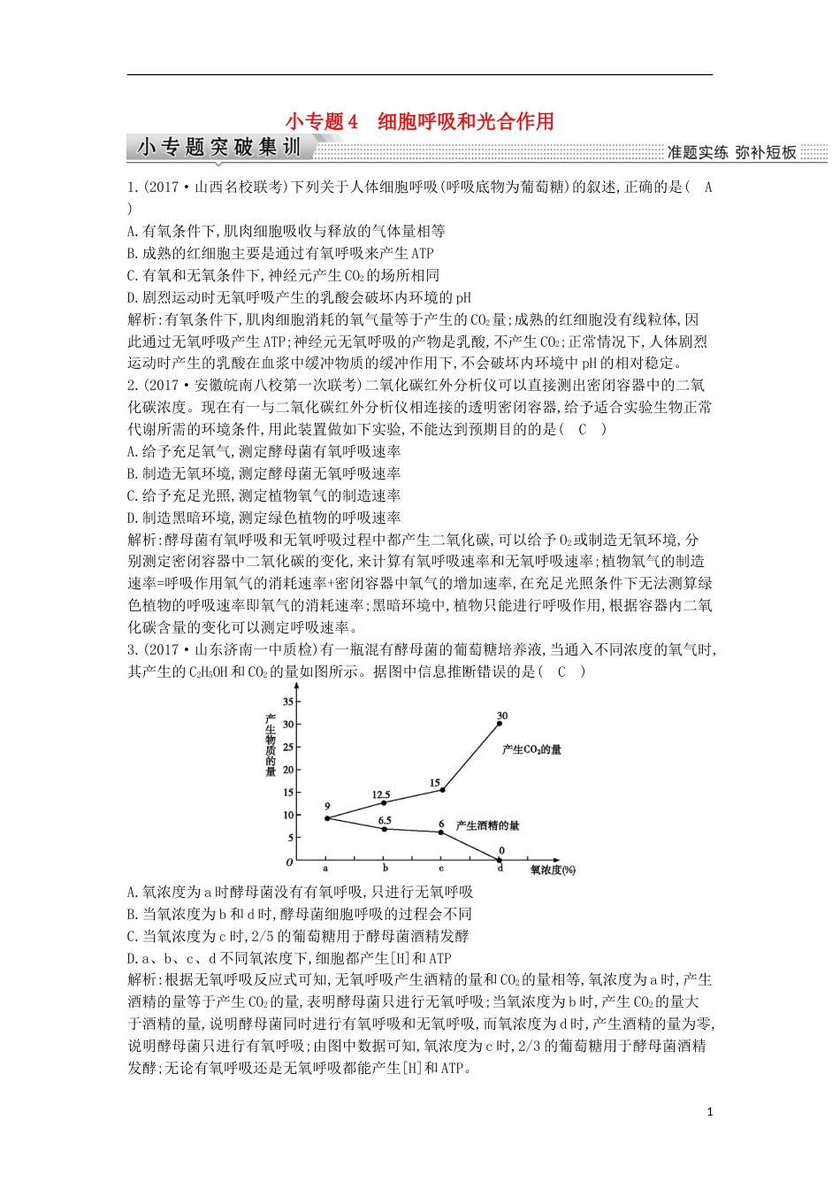 高考生物二轮复习小专题细胞呼吸和光用练习_第1页