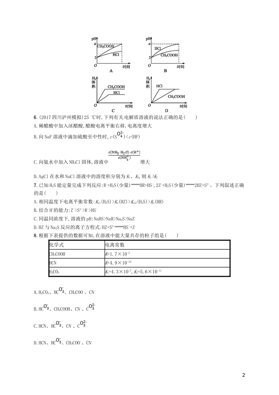 高考化学一轮复习第八单元水溶液中的离子平衡考点规范练弱电解质的电离_第2页