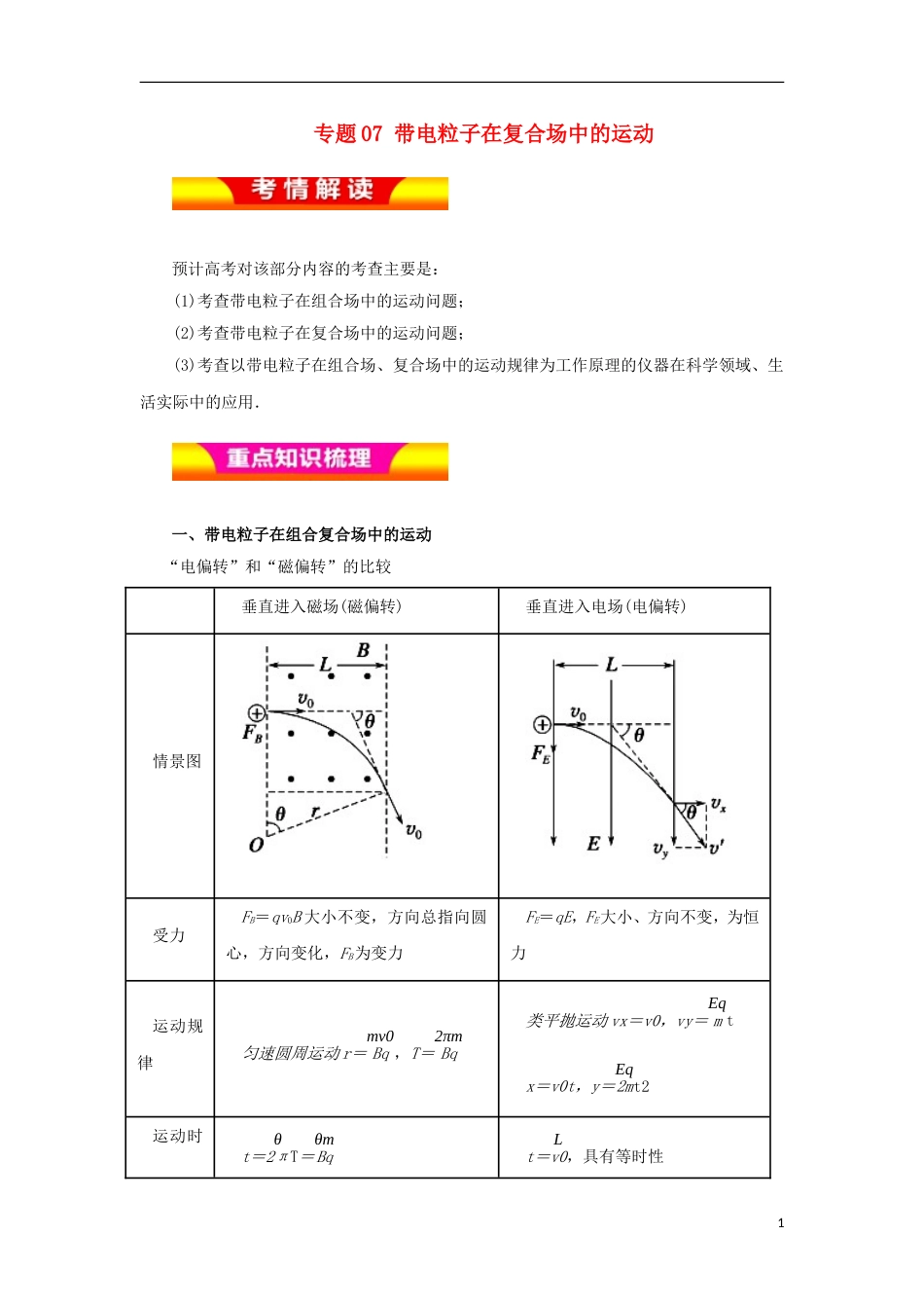 高考物理二轮复习专题带电粒子在复合场中的运动教学案_第1页