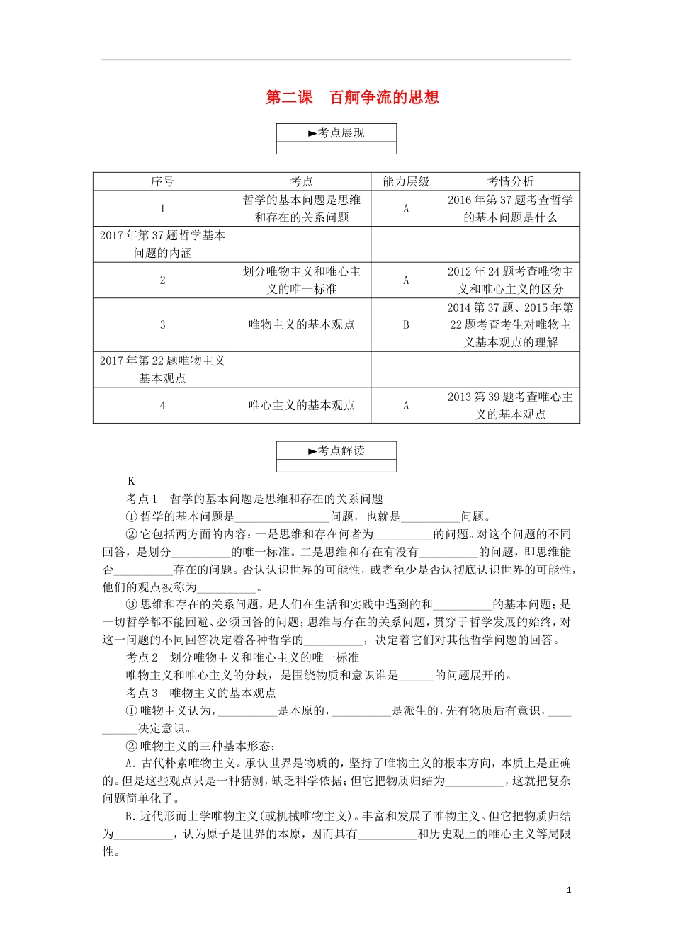 高考政治学业水平测试复习第一单元生活智慧与时代精神第二课百舸争流的思想考点梳理新人教必修_第1页