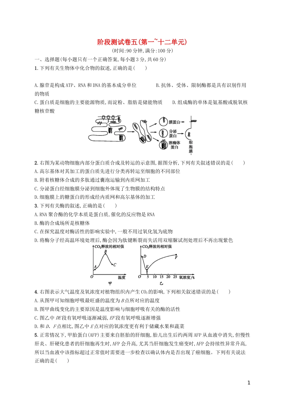 高考生物一轮复习阶段测试卷五第一~十二单元_第1页