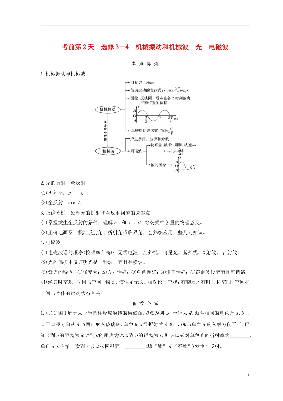 高考物理二轮复习考前第天机械振动和机械波光电磁波学案选修_第1页