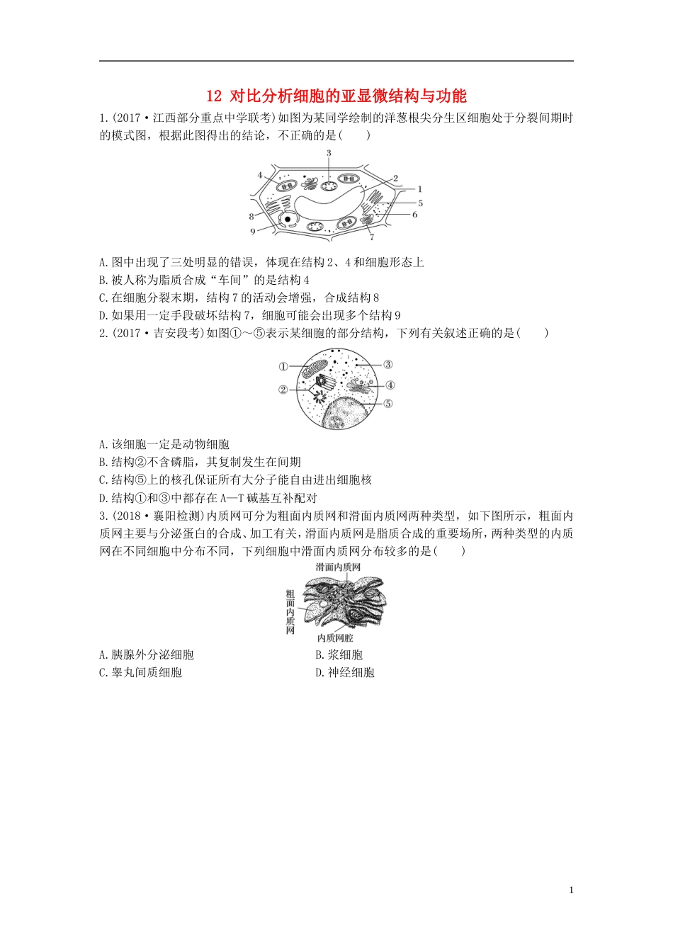 高考生物加练半小时第练对比分析细胞的亚显微结构与功能苏教_第1页