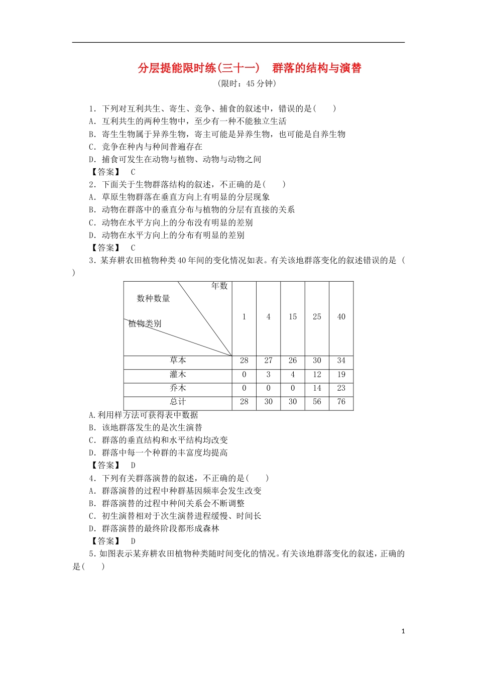 高考生物大一轮复习分层提能限时练群落的结构与演替新人教_第1页