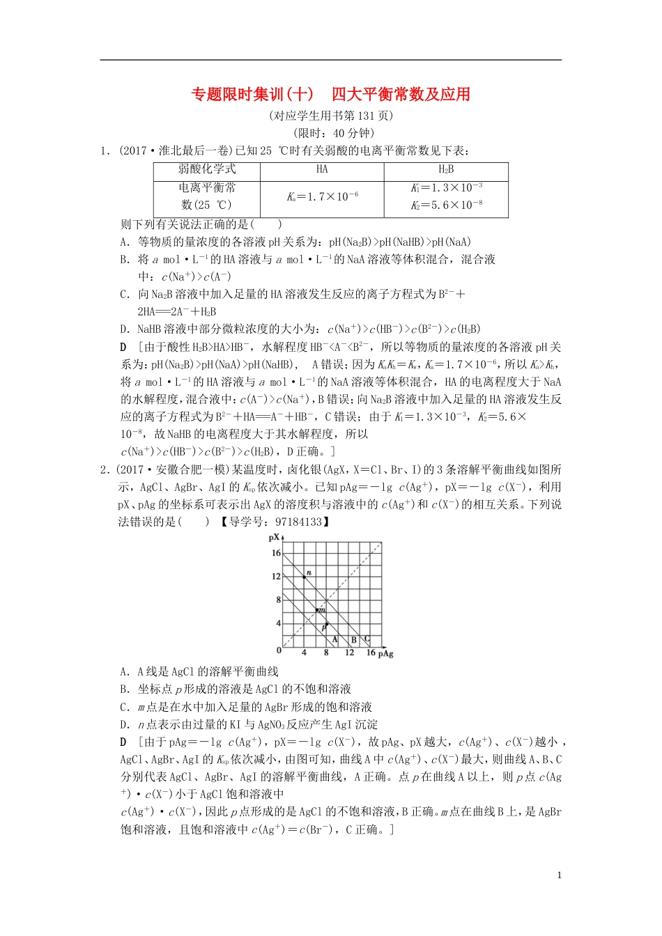 高考化学二轮复习专题化学基本理论专题限时集训四大平衡常数及应用_第1页