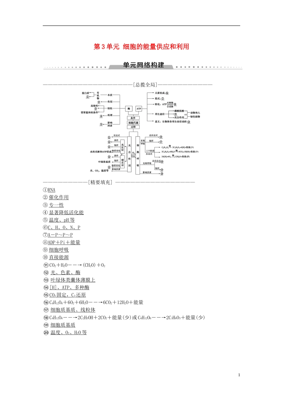 高考生物一轮复习第单元细胞的能量供应和利用单元网络构建学案_第1页