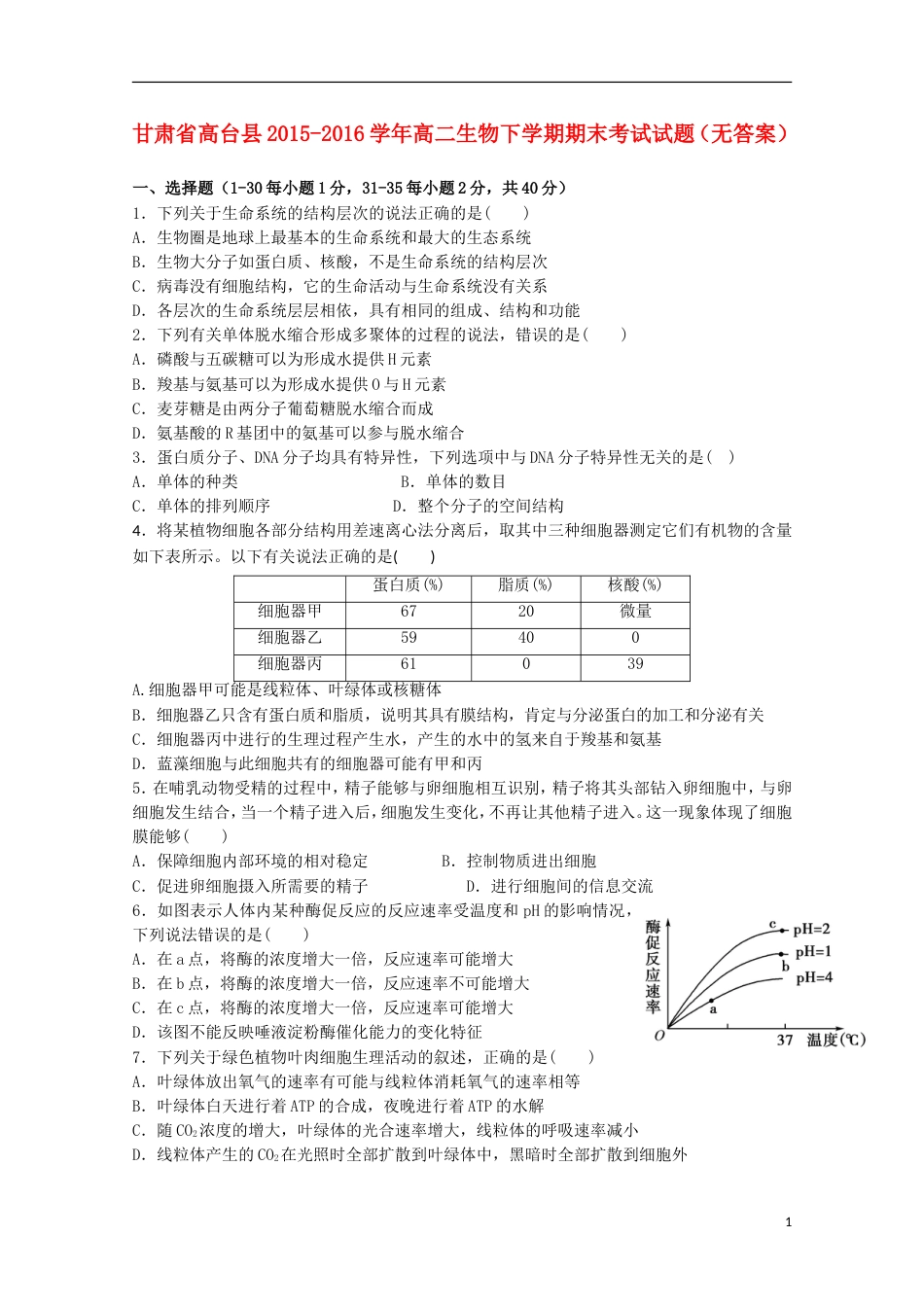 高台高二生物下学期期末考试试题_第1页