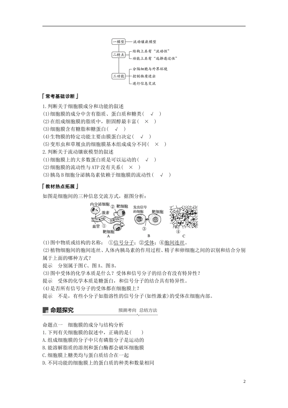 高考生物一轮复习第二单元细胞的结构和功能第讲细胞膜细胞壁和细胞核备考一体学案苏教_第2页